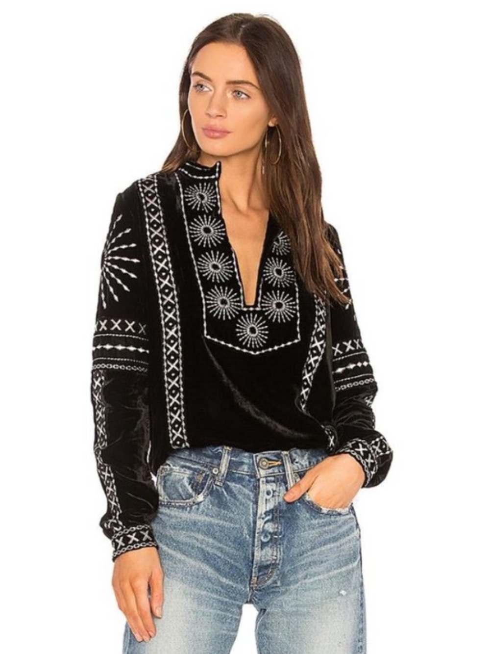 Dodo Bar Or Embroidered Velvet Black Silver Top Caftan Tunic Boho Size IT 42